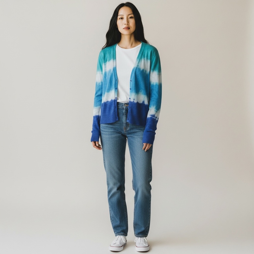 G.H. Bass & Co. Womens Knit Cardigan Sweater Blue Green Tie Dye Size L